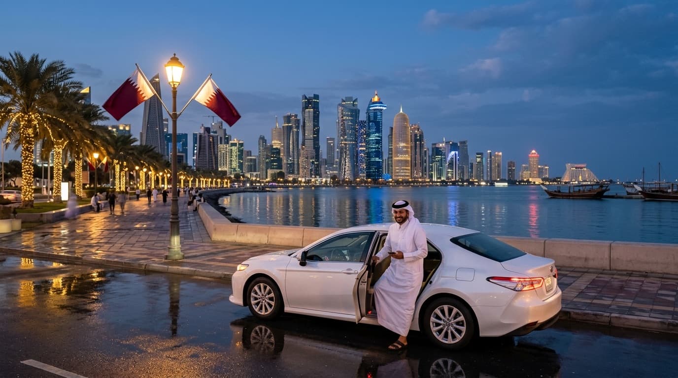 A rider in a white thobe steps into a white car on the Doha Corniche at dusk, with the West Bay skyline lit up behind him